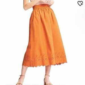 Uniqlo Orange A-Line Eyelet Scalloped Hem High Waisted Midi Skirt Pockets sz L